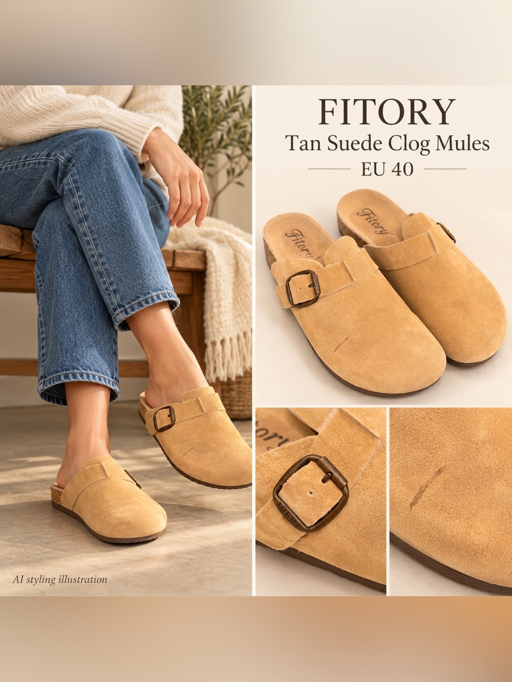 Fitory Tan Suede Buckle Clog Mules EU 40